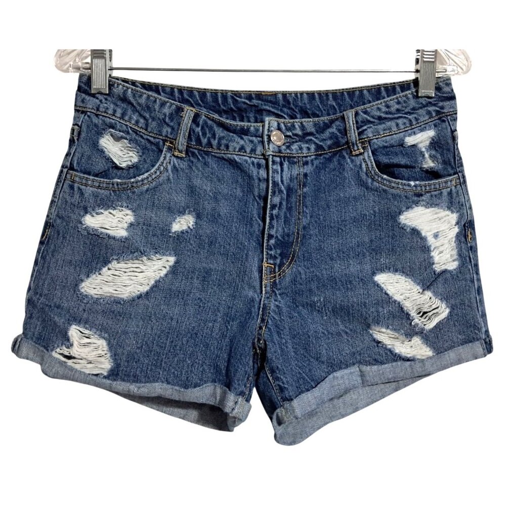 H&M Womens Distressed Denim Shorts Size 8 Regular Waist Ripped Design Blue Casua